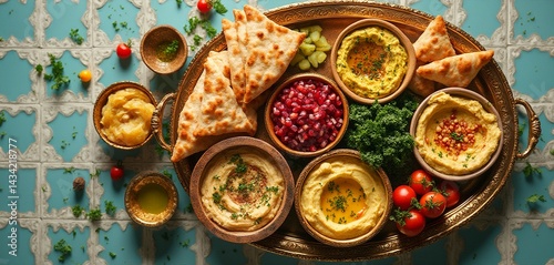 Traditional Middle Eastern meze spread on ornate brass tray