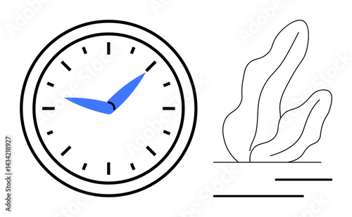 Classic analog clock with bold blue hands paired with flowing abstract plant design. Ideal for time management, minimal decor, productivity, organization, modern themes, creative concepts, simple