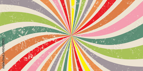 Retro sunburst background with wavy radial lines warm vintage colors like orange, cream, yellow,and beige on a white base, 1970s psychedelic style,clean vector grunge look,centered burst flat design		