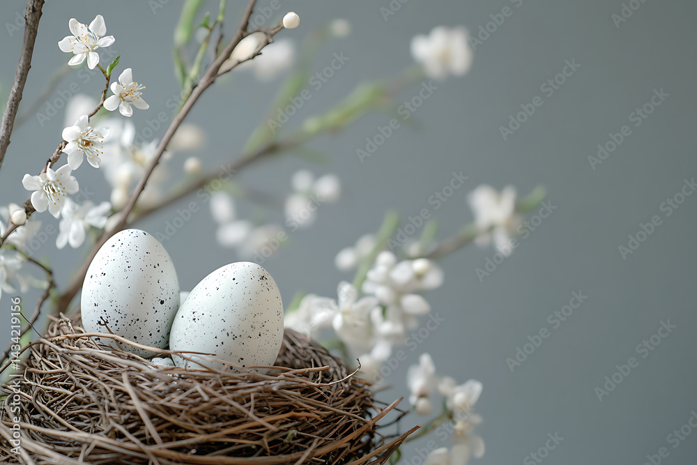 Obraz premium Easter eggs nestled in bird nests and willow branches, adorned with white flowers against a gray background, creating a concept with ample copy space.