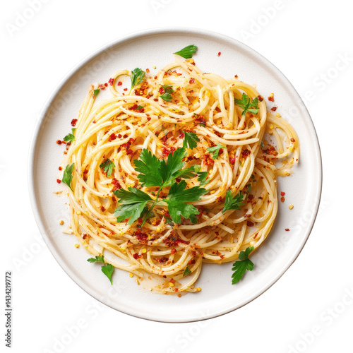 Spaghetti aglio e olio with red pepper flakes and parsley