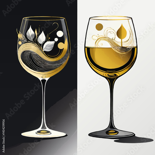 glasses of wine with golden decoration vector illustration