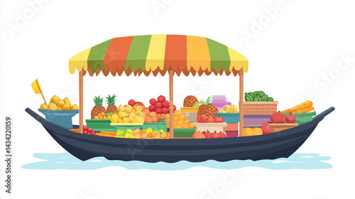 Vector cartoon illustration showing a small boat sailing in the water, loaded with fruits.