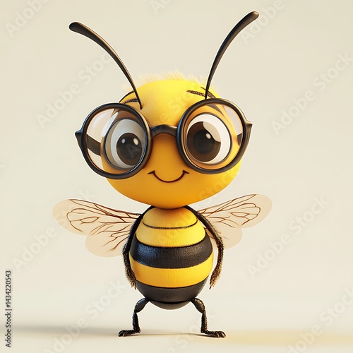 Cute animated bee character wearing glasses, standing against a plain background, ready for a fun adventure