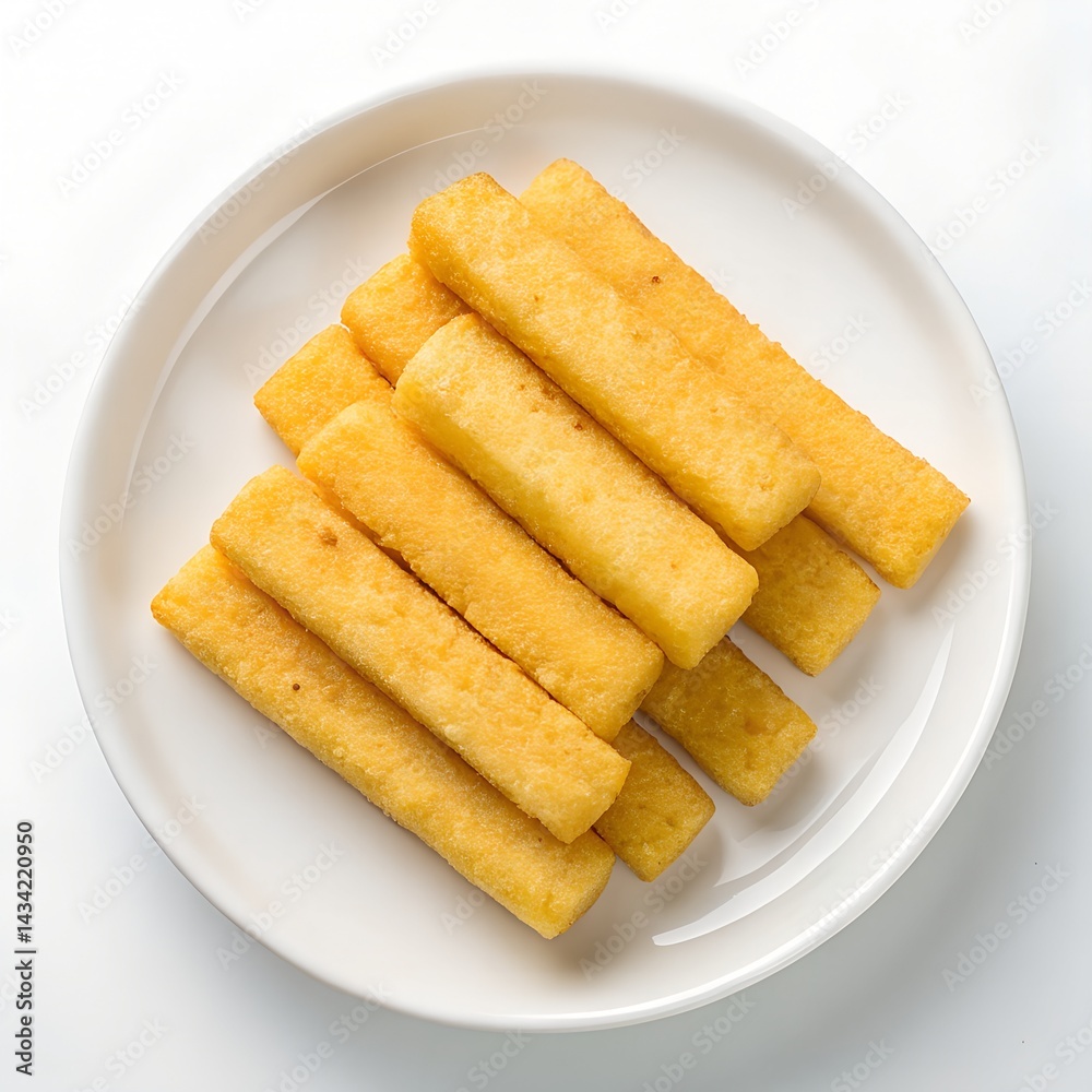 top shot of polenta frita fries on plate isolated on white background top shot of polenta frita fries on plate isolated on white background