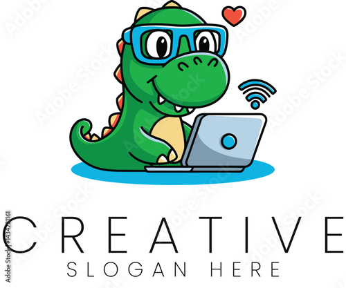 Cute Dinosaur with Glasses Using Laptop Computer Fun Fun Blue Wifi Kids Tech Green Happy  