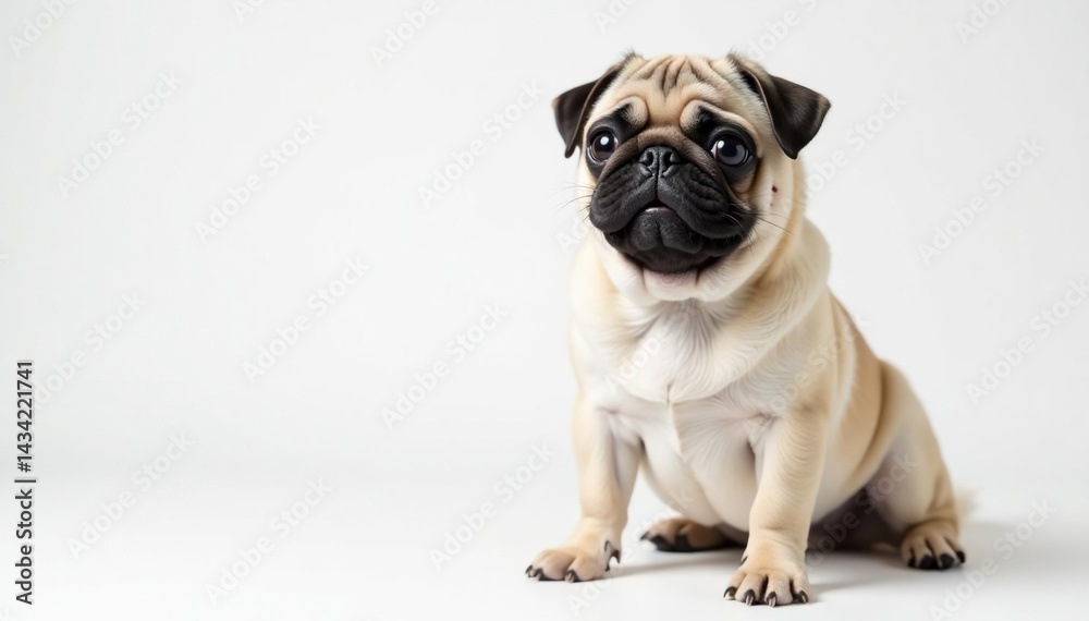 Playful pug poses against pure white backdrop, sitting, breed, canine Playful pug poses against pure white backdrop, sitting, breed, canine