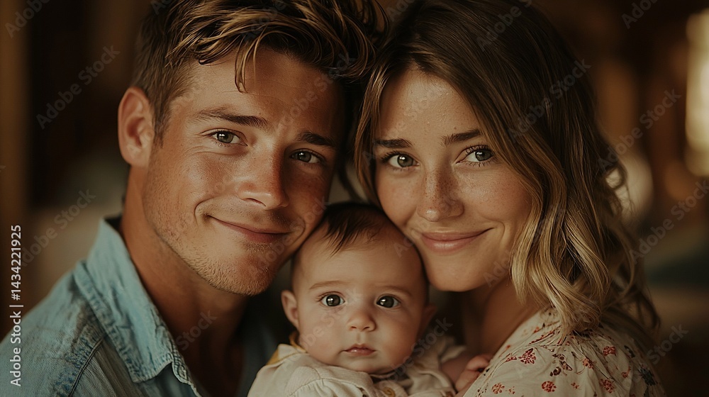 Happy young family portrait, indoor setting, soft lighting, family bonding Happy young family portrait, indoor setting, soft lighting, family bonding
