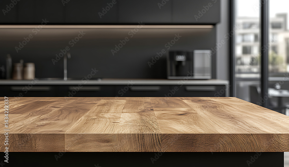 Empty wooden table top with a blurred abstract background for product display presentation in a modern kitchen or restaurant interior design Empty wooden table top with a blurred abstract background for product display presentation in a modern kitchen or restaurant interior design
