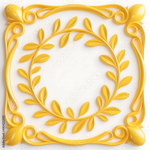 Elegant yellow floral decorative panel, intricate botanical carvings, 3D embossed texture, golden ornamental wall art, luxurious vintage carving design, symmetrical floral relief, vibrant yellow art.