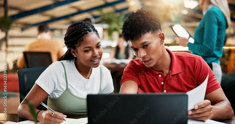 Students, laptop and team learning in college for writing notes, help and education. Computer, people and friends in university for creative research project, study or exam discussion with document