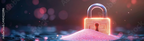 A glowing padlock sits atop a mound of pink sand, symbolizing security and digital protection in a stylized, futuristic setting.