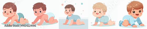 Vector collection of a happy baby boy crawling