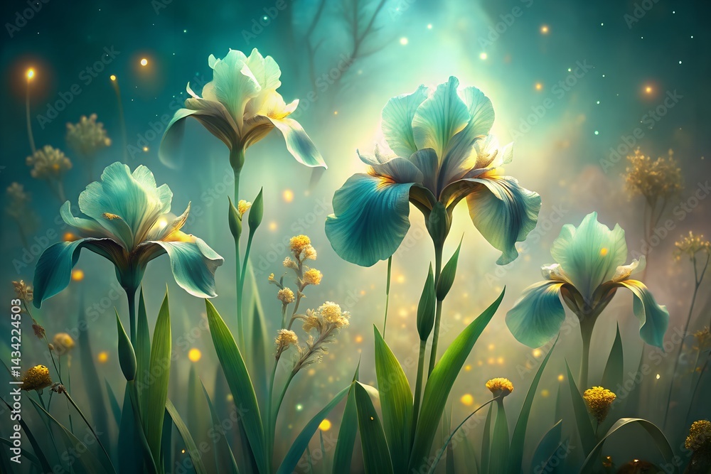 Dreamy glowing iris flowers in a magical garden at twilight, with fireflies and misty lights creating a surreal, ethereal, and fantasy-like atmosphere.