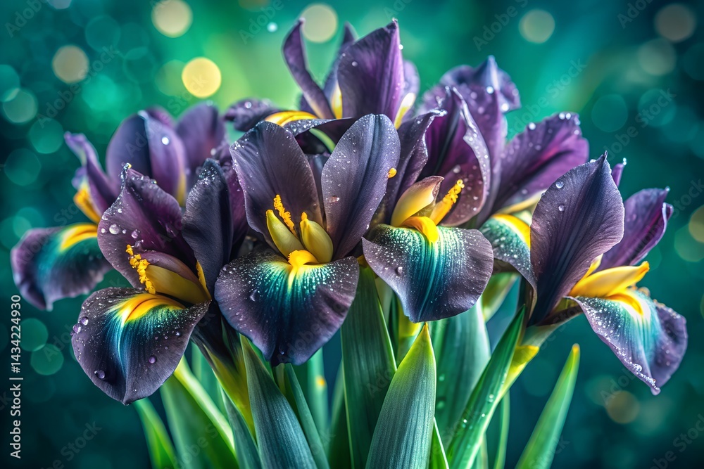 Vibrant bouquet of purple and yellow iris flowers with water droplets, set against a glowing green bookend background, symbolizing freshness and beauty.