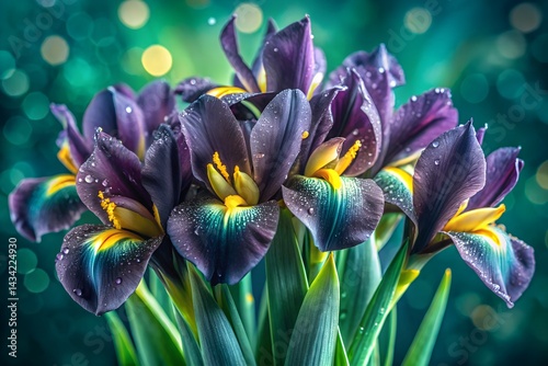 Obraz na płótnie Vibrant bouquet of purple and yellow iris flowers with water droplets, set against a glowing green bookend background, symbolizing freshness and beauty. w salonie