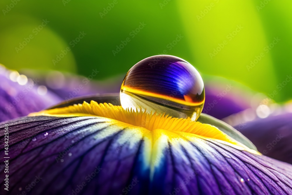 Macro shot of a water droplet resting on a vibrant purple and yellow flower petal with vivid green background, showcasing nature's beauty and delicate detail.