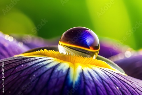 Obraz na płótnie Macro shot of a water droplet resting on a vibrant purple and yellow flower petal with vivid green background, showcasing nature's beauty and delicate detail. w salonie