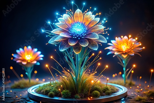 Obraz na płótnie Futuristic glowing flowers with vibrant neon lights in a magical garden, featuring intricate details, sparkling petals, and a dreamy fantasy atmosphere. w salonie