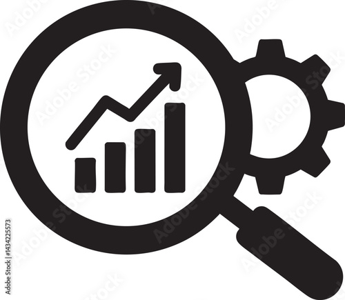 Magnifying Glass Icon Featuring Business Growth Chart and Gear Symbol