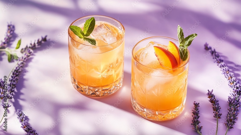 Two glasses with peach and mint infused cocktails on a lavender surface. generative ai Two glasses with peach and mint infused cocktails on a lavender surface. generative ai