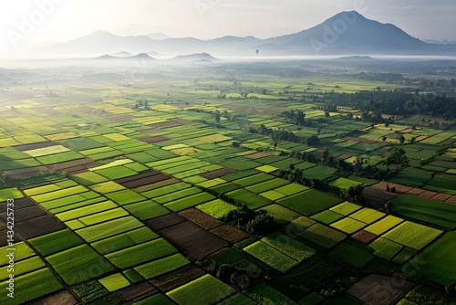 Ethereal aerial panorama of patchwork farmlands in vibrant hues of green and gold with mist rising from the fields as the sun peaks over the horizon during a peaceful sunrise