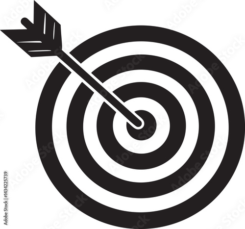A black-and-white vector-style depiction of an arrow hitting the bullseye symbolizes precision, success, and achievement in goals.