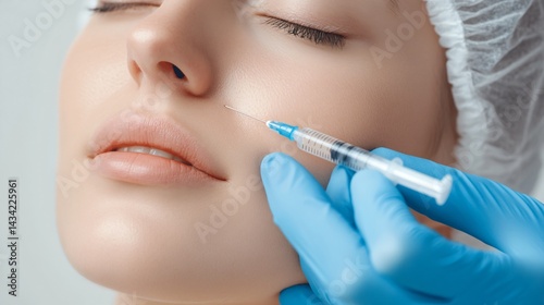 Woman receiving skincare treatment, close-up on facial rejuvenation process, bright clinic setting, focus on health and beauty.