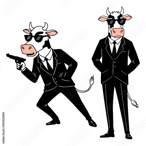 cool cow detective with a gun, spy mascot, funny bull illustration