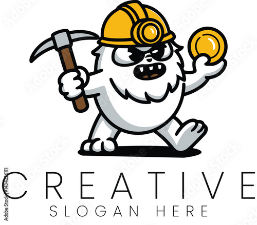 Cute Yeti Miner Cartoon Mascot Gold Pickaxe Work Snow Logo Icon Team Rich Funny Happy     