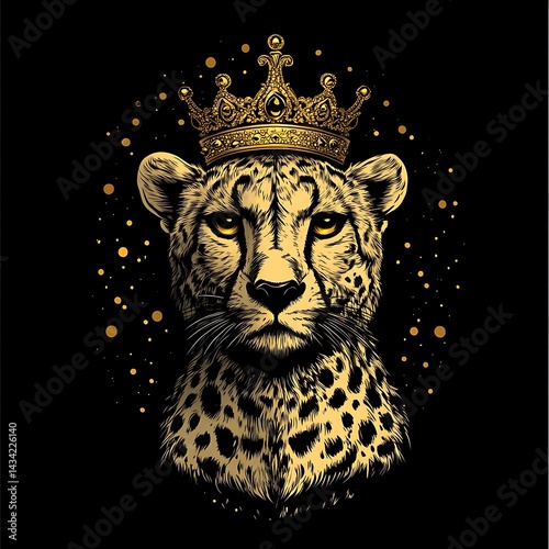 Majestic cheetah head adorned with a golden crown.