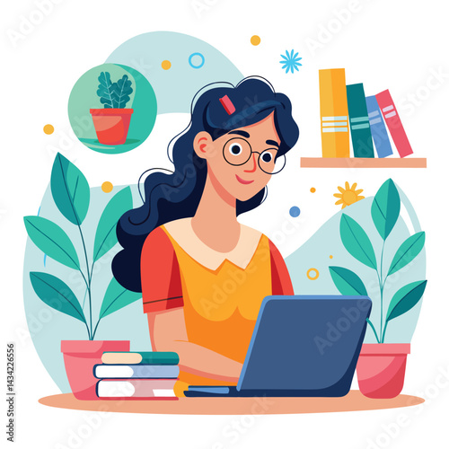 Woman working on a laptop at home, surrounded by plants and books