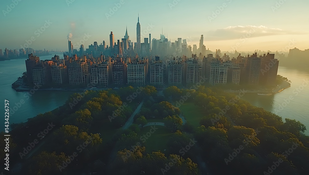 Fototapeta premium Roosevelt island park with manhattan skyline at sunrise beautiful urban landscape