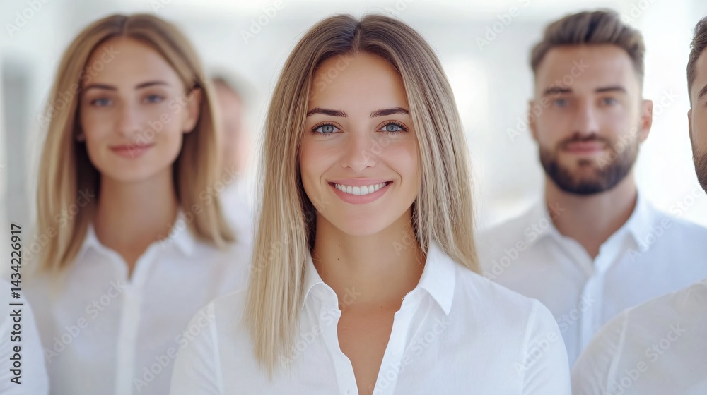 Diverse group of smiling young professionals, casual office attire, teamwork and collaboration theme, bright and inviting atmosphere. Diverse group of smiling young professionals, casual office attire, teamwork and collaboration theme, bright and inviting atmosphere.