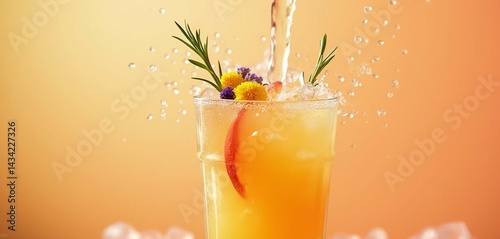 Refreshing peach lemonade pouring over crushed ice with dynamic splash