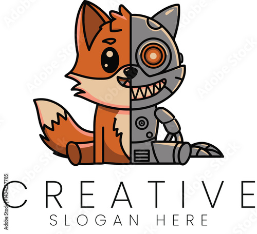 Adorable Cyborg Fox Robot Cartoon Character Design Fur Fun Kid Cute Logo Icon Gray Kids   