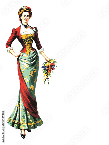 victorian lady with flower bouquet decoration element with white area for insertion