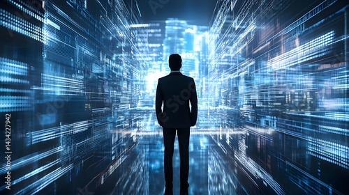 Digital Horizon: A silhouette of a businessman standing confidently in the center of a digital landscape, symbolizing innovation, technology, and a futuristic vision.