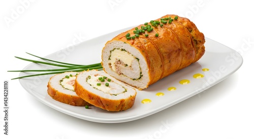 Deliciously roasted chicken roulade, elegantly sliced and served on a white plate with chives.
