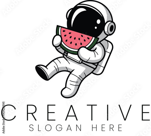 Cute Astronaut Enjoying a Sweet Watermelon Slice red fun art food logo icon space fruit   