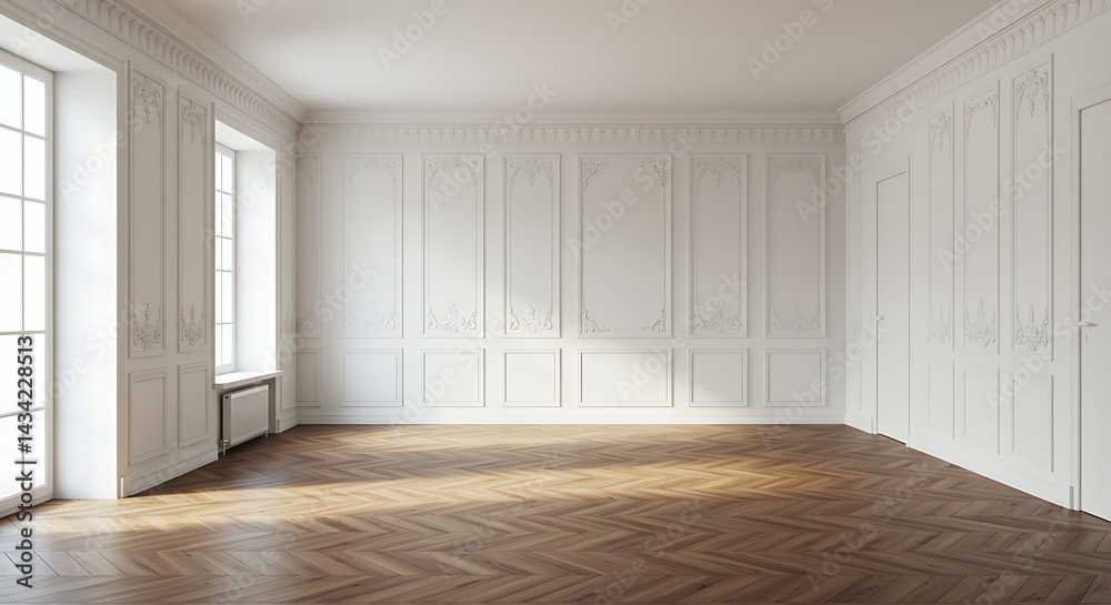 Fototapeta premium Elegant Empty Room with Ornate White Paneling and Herringbone Wood Flooring