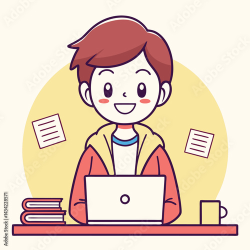 Cartoon character working on laptop