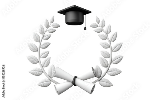 Creative Circle Composition of Graduation Elements Caps Diplomas and Laurel Wreaths, Isolated on Transparent Background