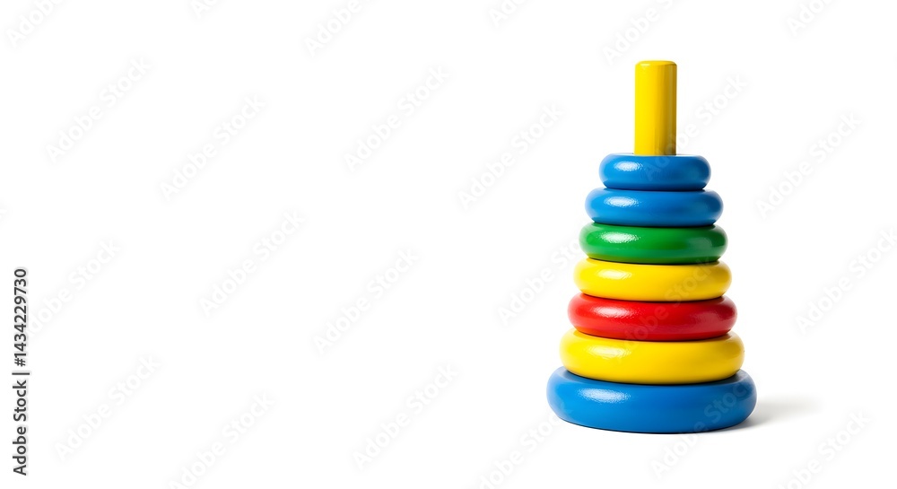 A colorful wooden stacking toy against a white background, a classic childhood plaything. A colorful wooden stacking toy against a white background, a classic childhood plaything.