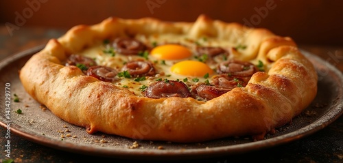 Golden Turkish pide with melted cheese and sujuk on copper tray
