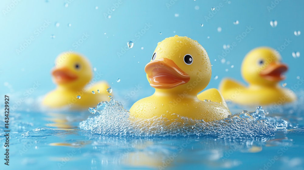Bright blue background with cheerful yellow rubber ducks swimming and splashing in clear water creating a playful atmosphere. summer background for text