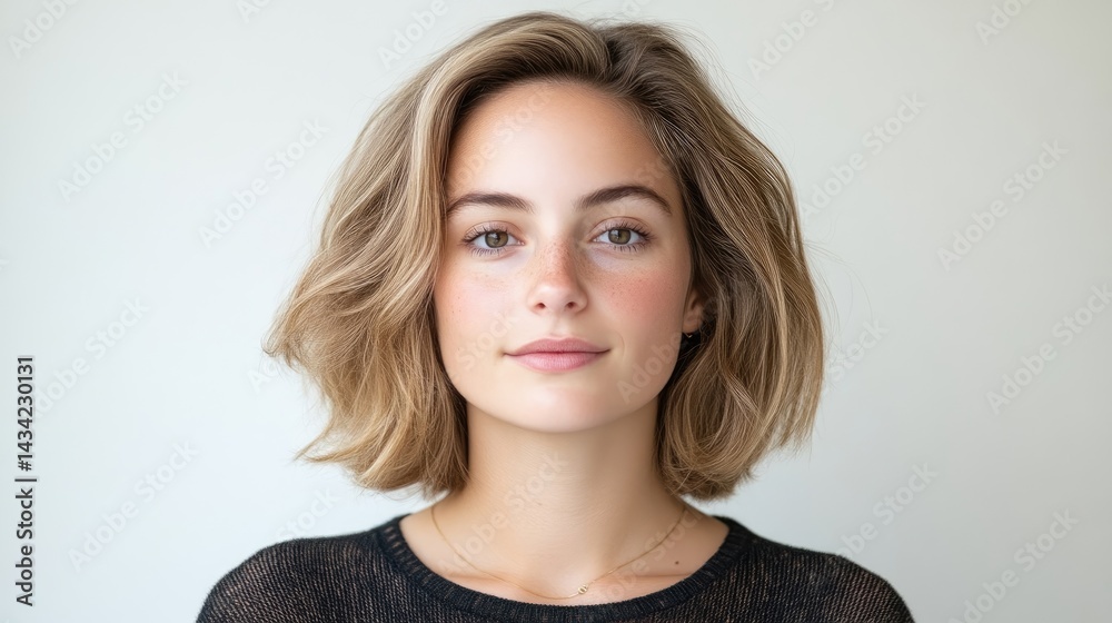 Fototapeta premium A young woman with short blonde hair posing for a portrait, neutral background with soft lighting, professional and natural look, and close-up composition.