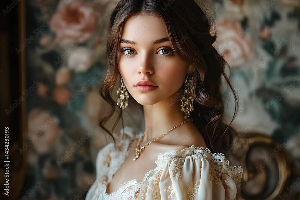 Elegant portrait of a young woman in a vintage dress, evoking classic beauty and sophistication with floral ornaments creating a timeless aesthetic