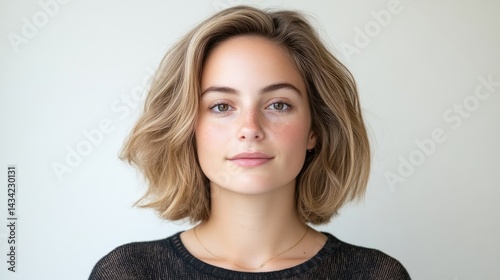 A young woman with short blonde hair posing for a portrait, neutral background with soft lighting, professional and natural look, and close-up composition. photo