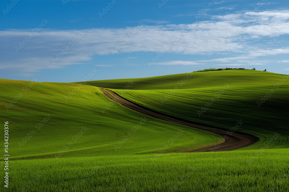 Fototapeta premium Rolling green hills under a blue sky with scattered clouds